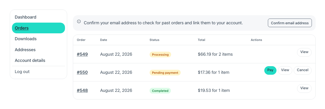 The account component: its navigation and the orders table
