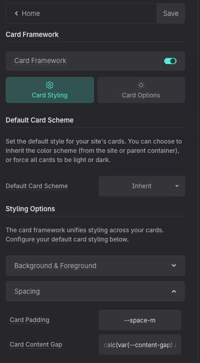 ACSS Card Framework switched on, with Card Padding and Card Content Gap under Spacing