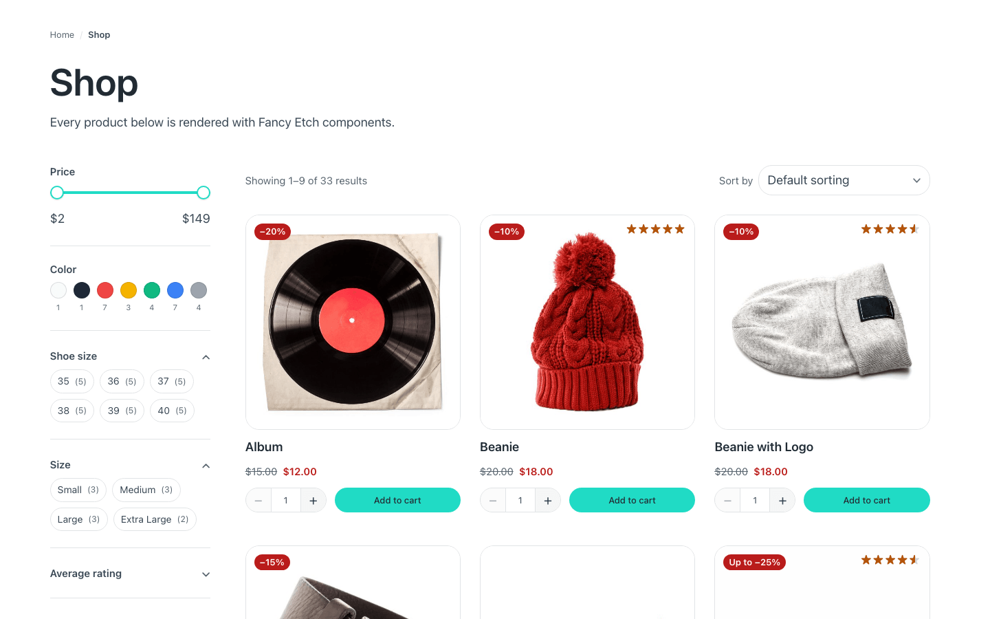 A catalogue page: the filters column, the results bar and the product grid