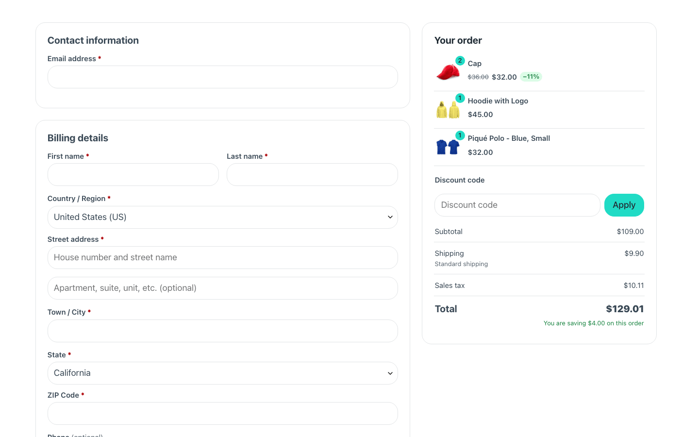 The checkout: contact, billing details and the order panel beside them