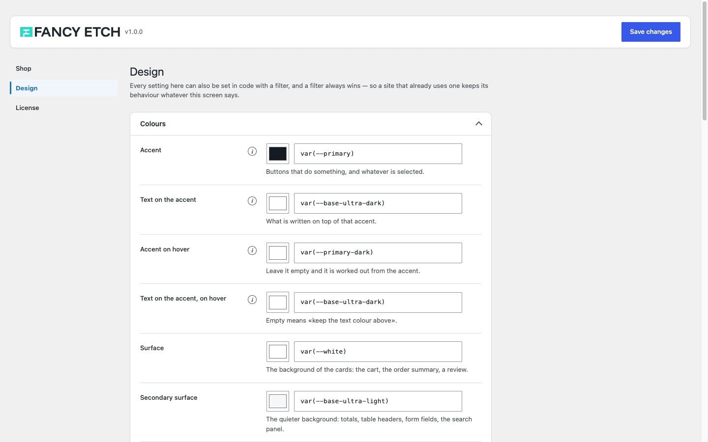 The Design tab, with each token pointing at the site's own CSS variables