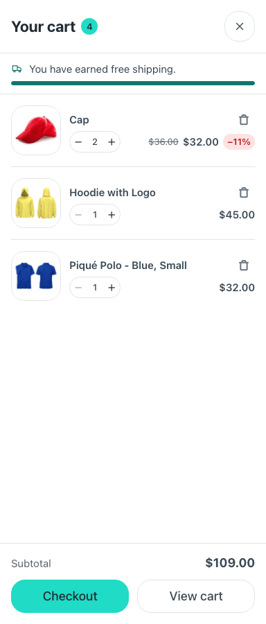 The mini cart drawer: lines with steppers, a discount badge and the subtotal