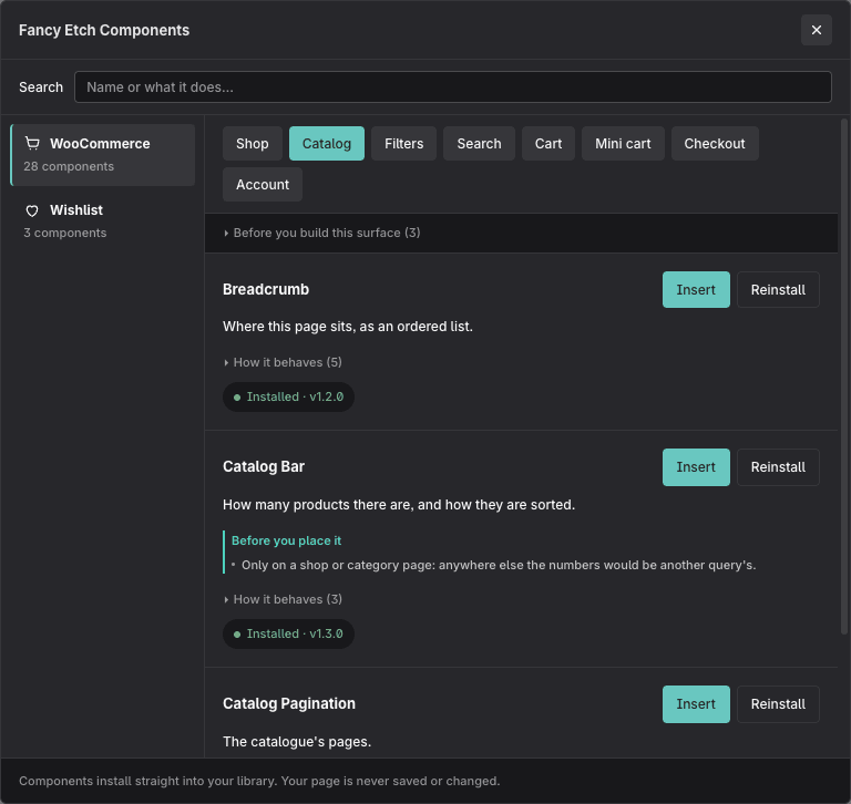 The components panel in the Etch builder: the modules on the left, and WooCommerce open on the Catalog tab
