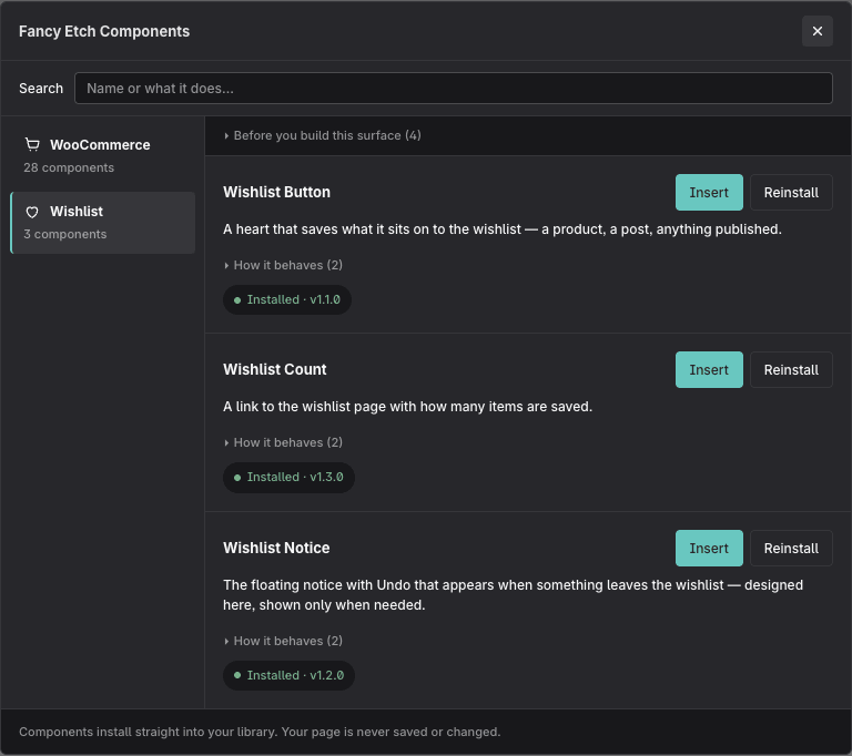 The Fancy Etch panel in the builder, open on the Wishlist module
