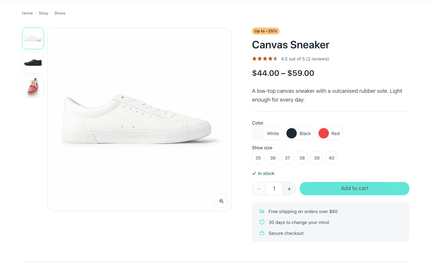 A product page: gallery, rating, price, stock, variation picker and add to cart