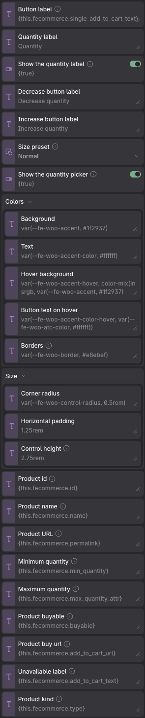 The Add to Cart properties panel in Etch