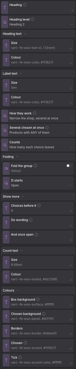 The Category Filter properties panel