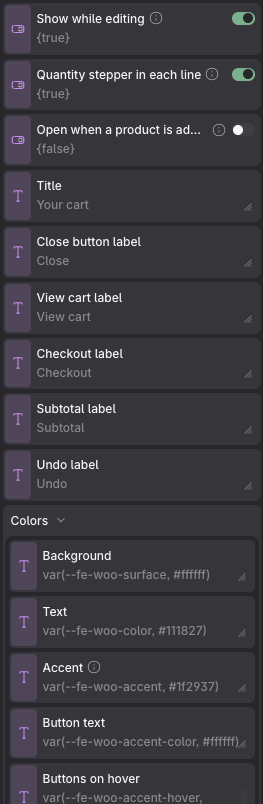 The Mini Cart properties panel