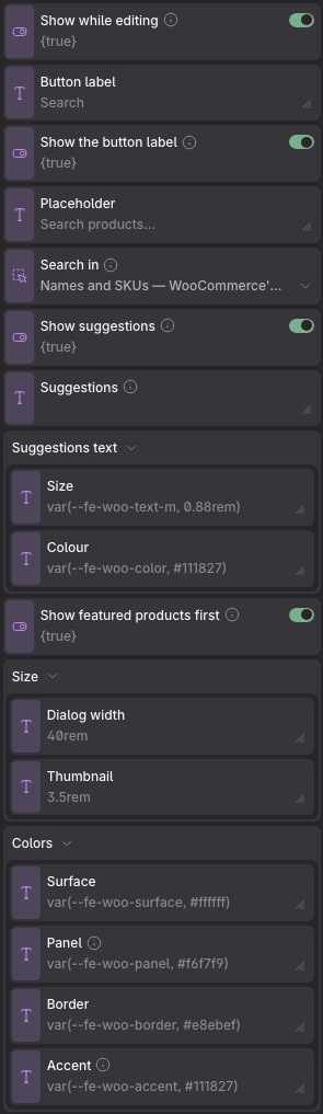 The Search properties panel