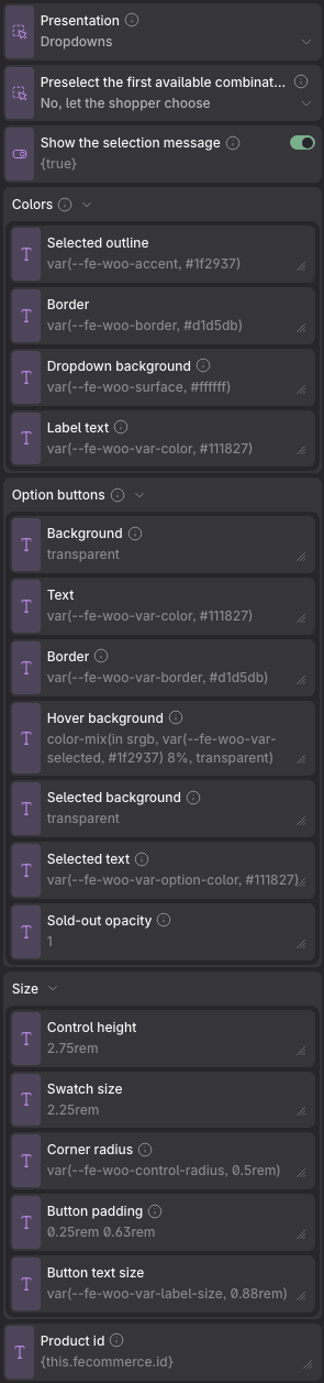 The Variation Picker properties panel