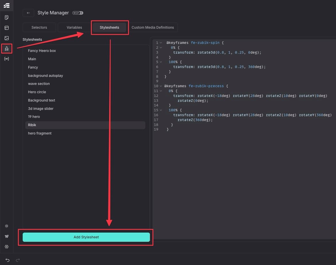 Etch's Style Manager on the Stylesheets tab, with the Add Stylesheet button at the bottom of the list