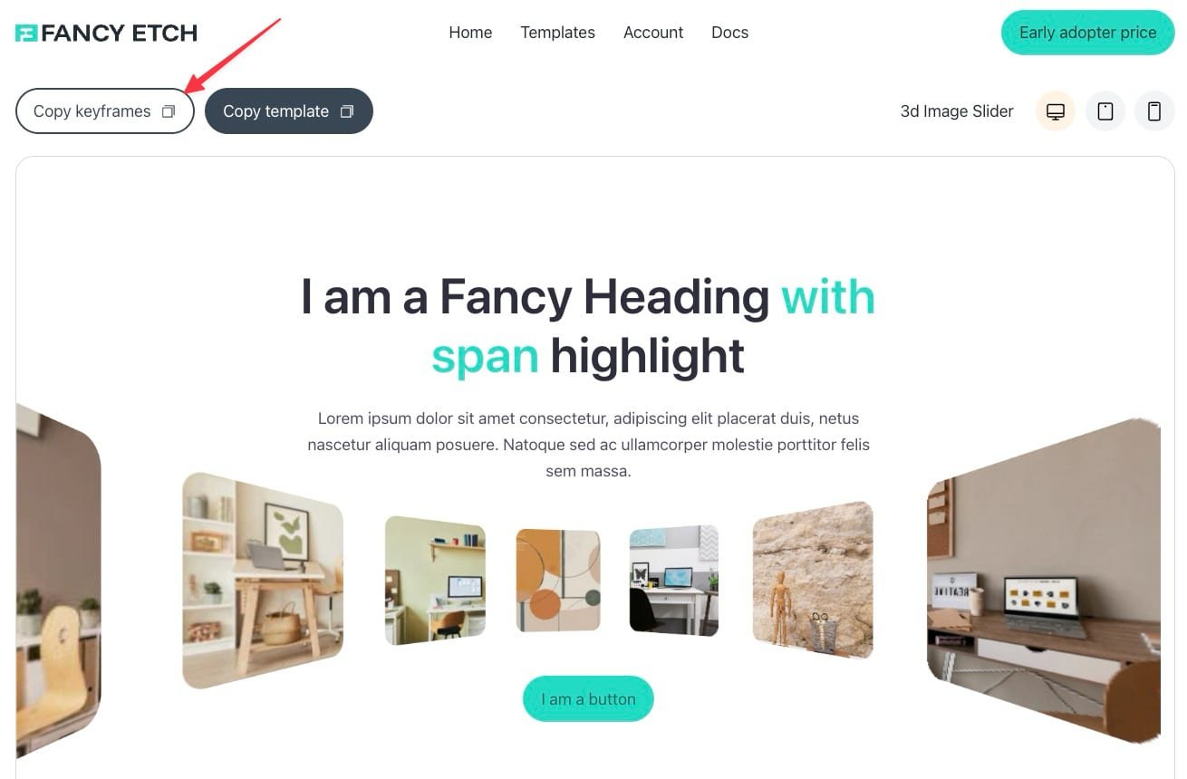 A template page on fancyetch.com: the Copy keyframes button beside Copy template