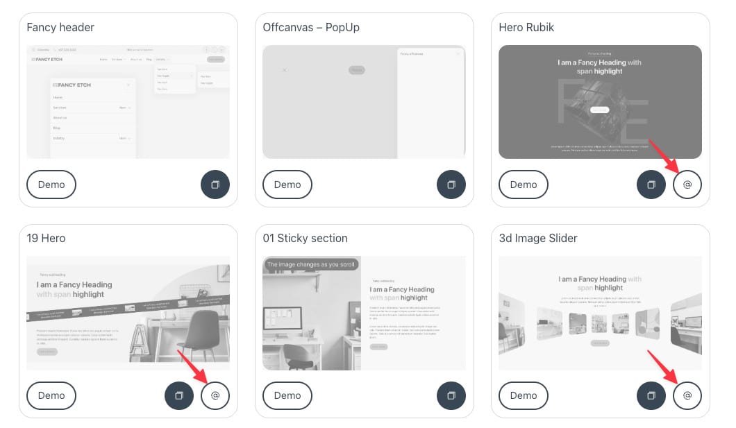 The templates list: Hero Rubik, 19 Hero and 3d Image Slider with the keyframes button on their cards