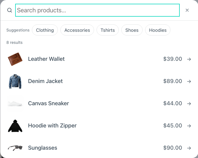 The search dialog: suggestions and featured products before anybody types
