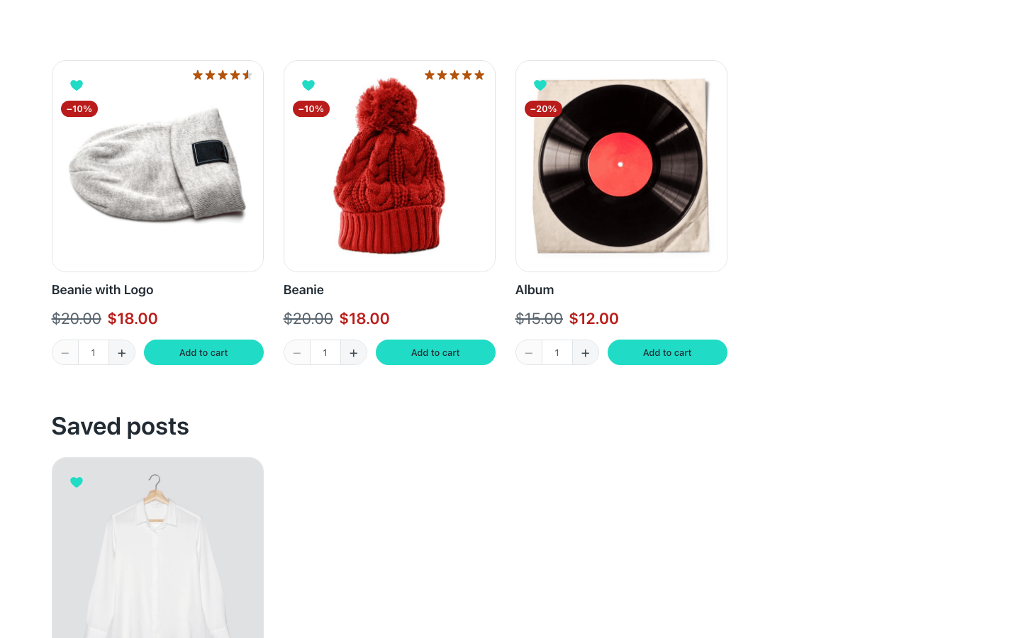 A wishlist page built with Etch: saved products in one section and saved posts in another