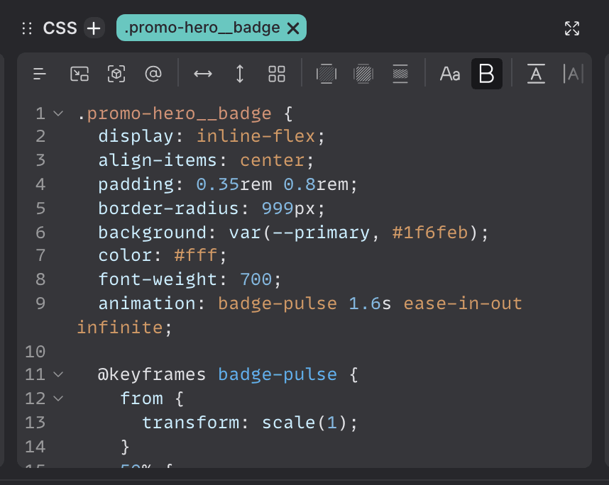 El editor de CSS de Etch con la clase .promo-hero__badge: la propiedad animation y, debajo, su propio bloque @keyframes