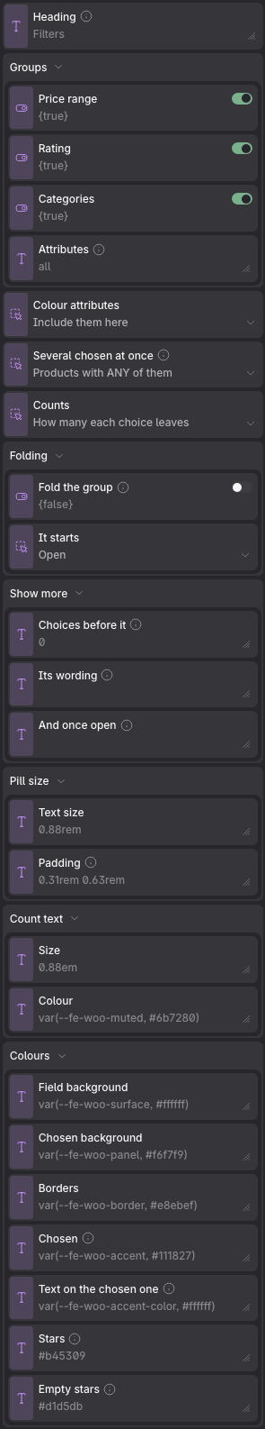 El panel de propiedades de Catalog Filters