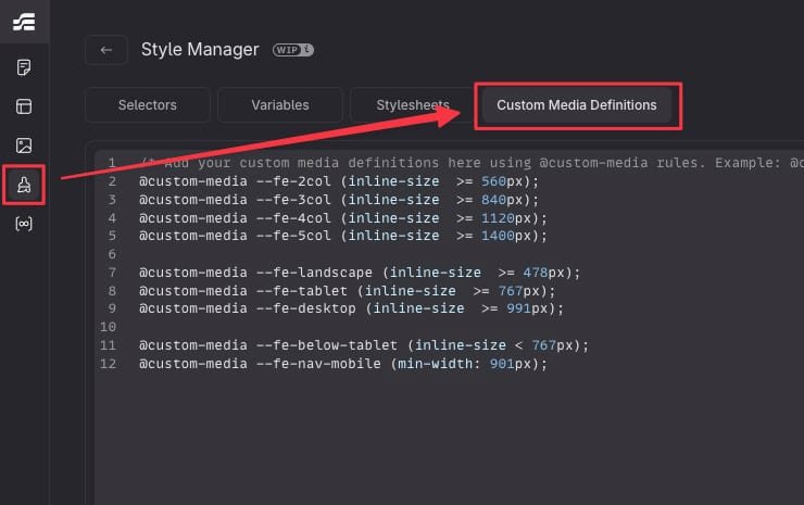 El Style Manager de Etch en la pestaña Custom Media Definitions, con las definiciones de Fancy Etch pegadas