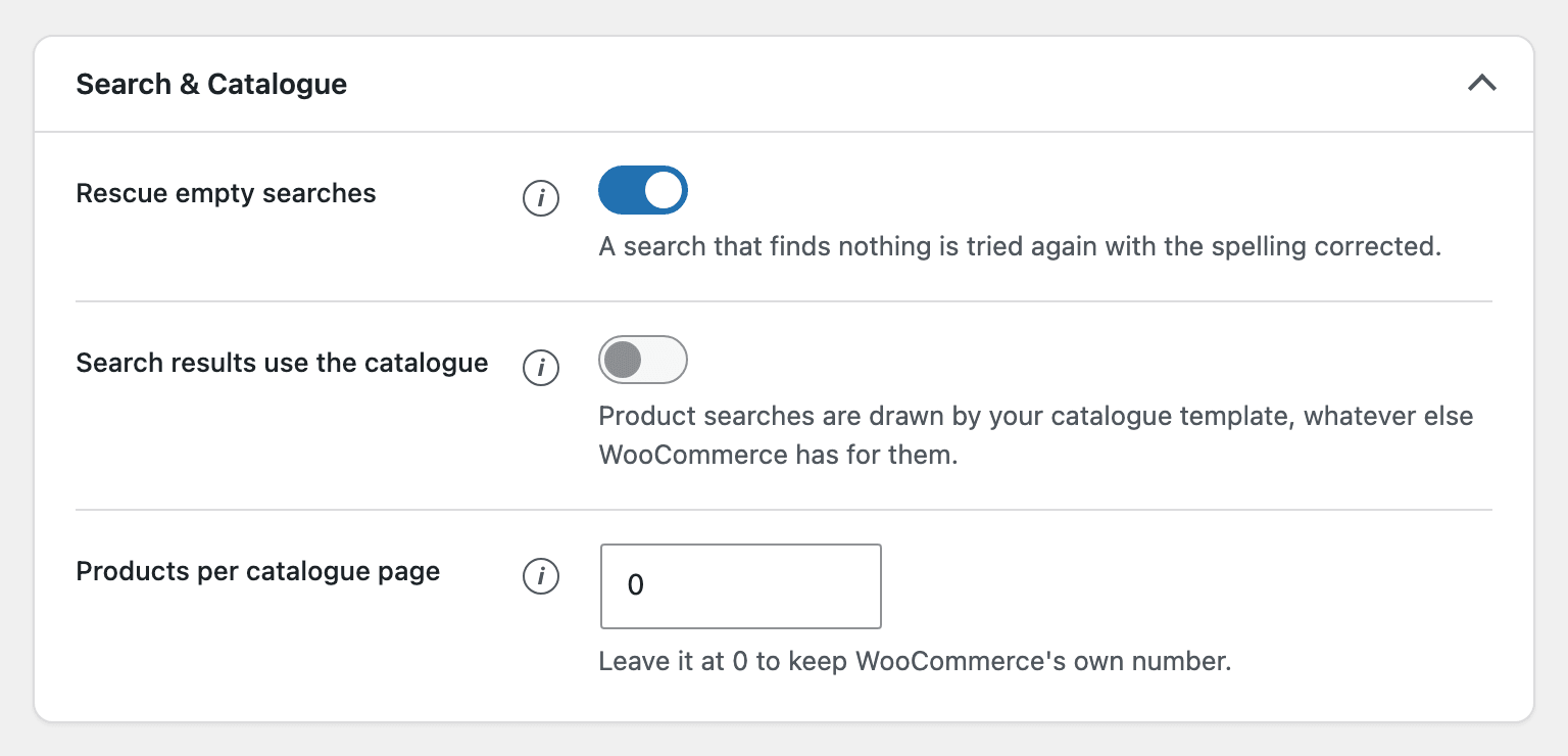 La tarjeta Search &amp; Catalogue de los ajustes, con el interruptor Search results use the catalogue apagado